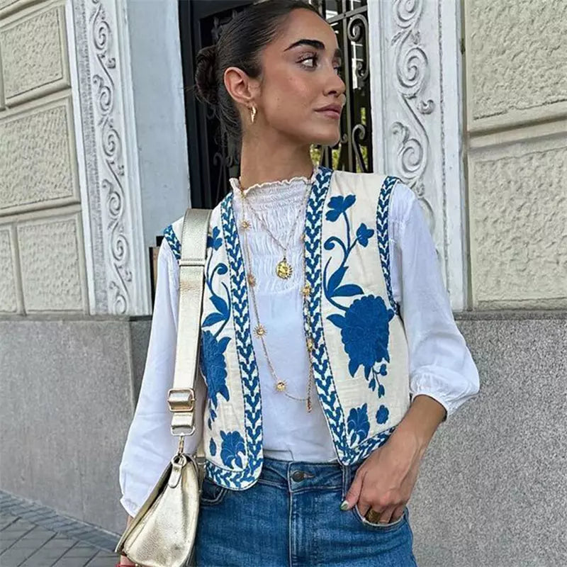 QUENNIE | Broderede Blomster Gilet til Stilfulde Outfits Gilet SUNA Blå XS