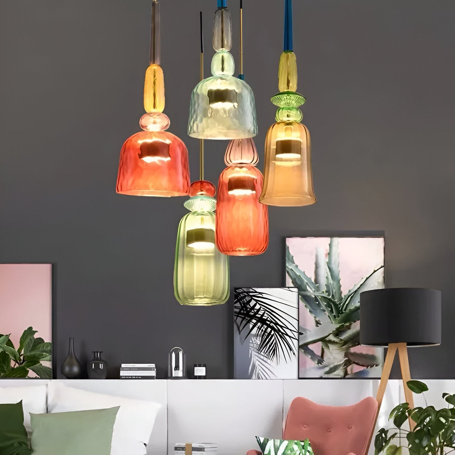SpectraFuse Pendellampe - Flerfarvet Glas Hængelampe - Nordic Macaron Dekorativ Belysning Pendant Lights SUNA