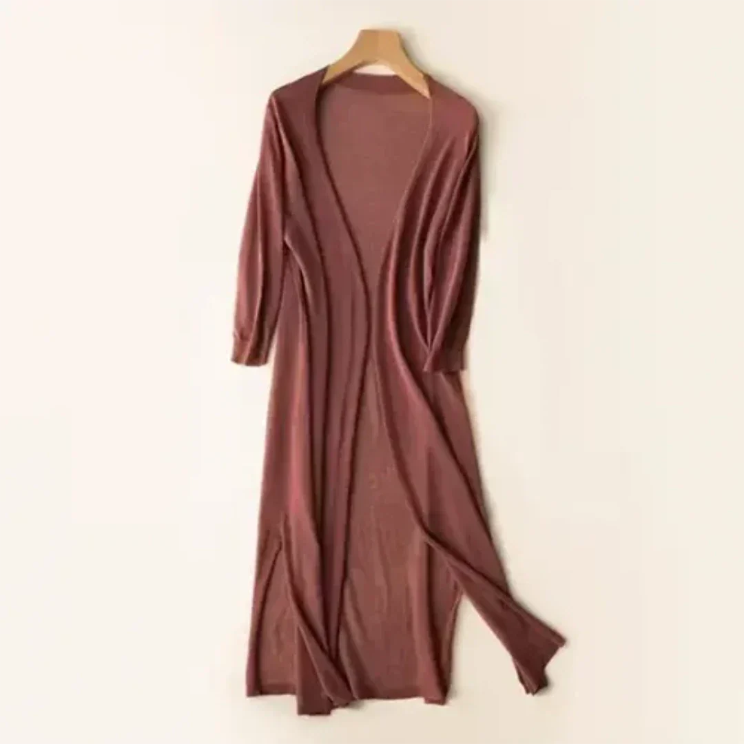 SUNA Dame Strikjakke – Elegant Cardigan med Lange Ærmer og Let Pasform Café