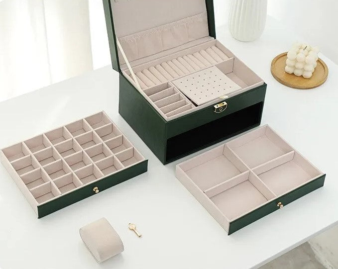 Flerskikts Læder Smykkeskrin til Elegant Opbevaring Jewelry Box SUNA