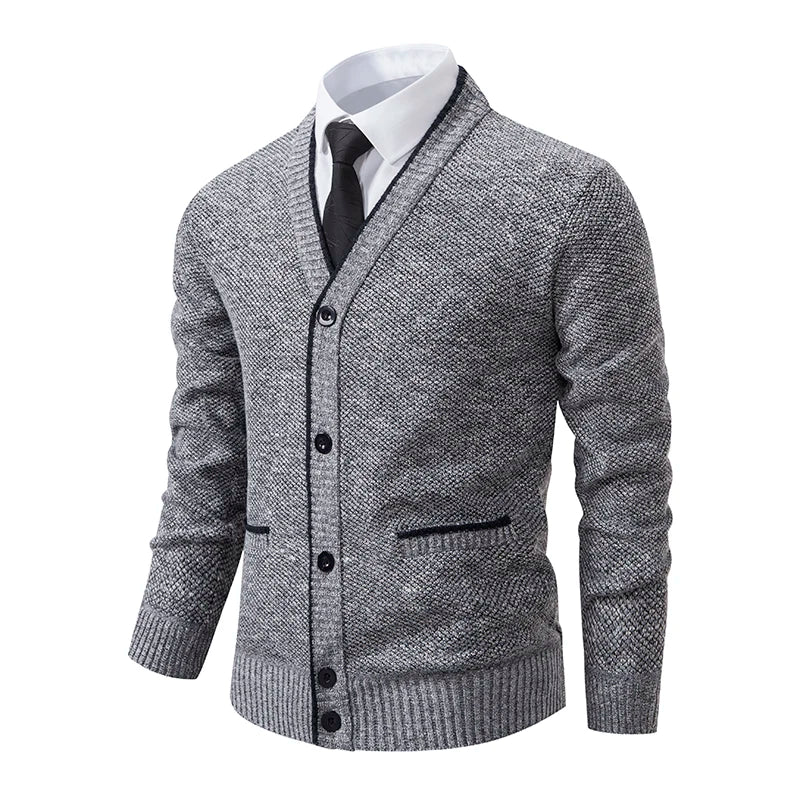 SUNA Herre V-Hals Cardigan – Casual Stribet Strikket Trøje til Hverdagsbrug Lys grå