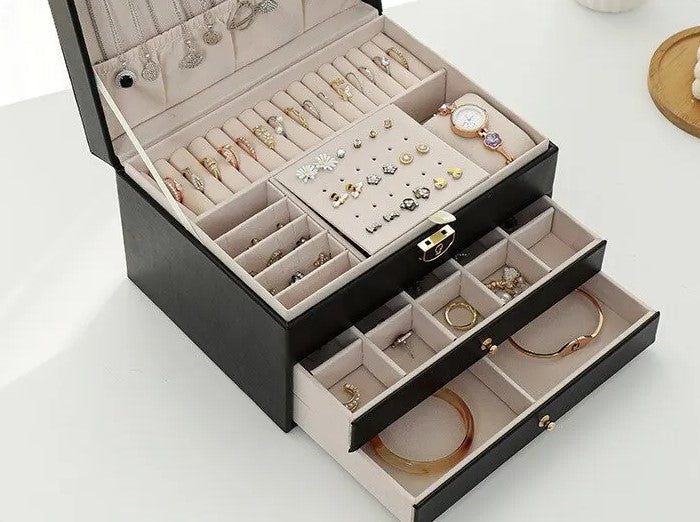 Flerskikts Læder Smykkeskrin til Elegant Opbevaring Jewelry Box SUNA