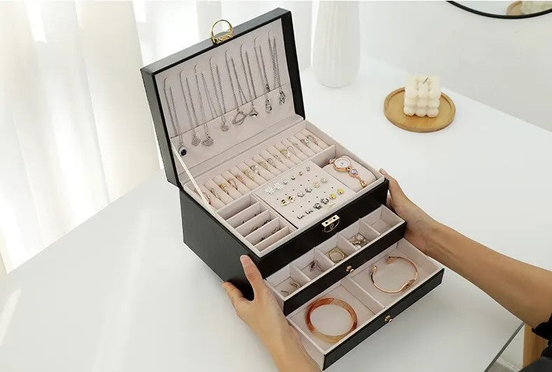Flerskikts Læder Smykkeskrin til Elegant Opbevaring Jewelry Box SUNA