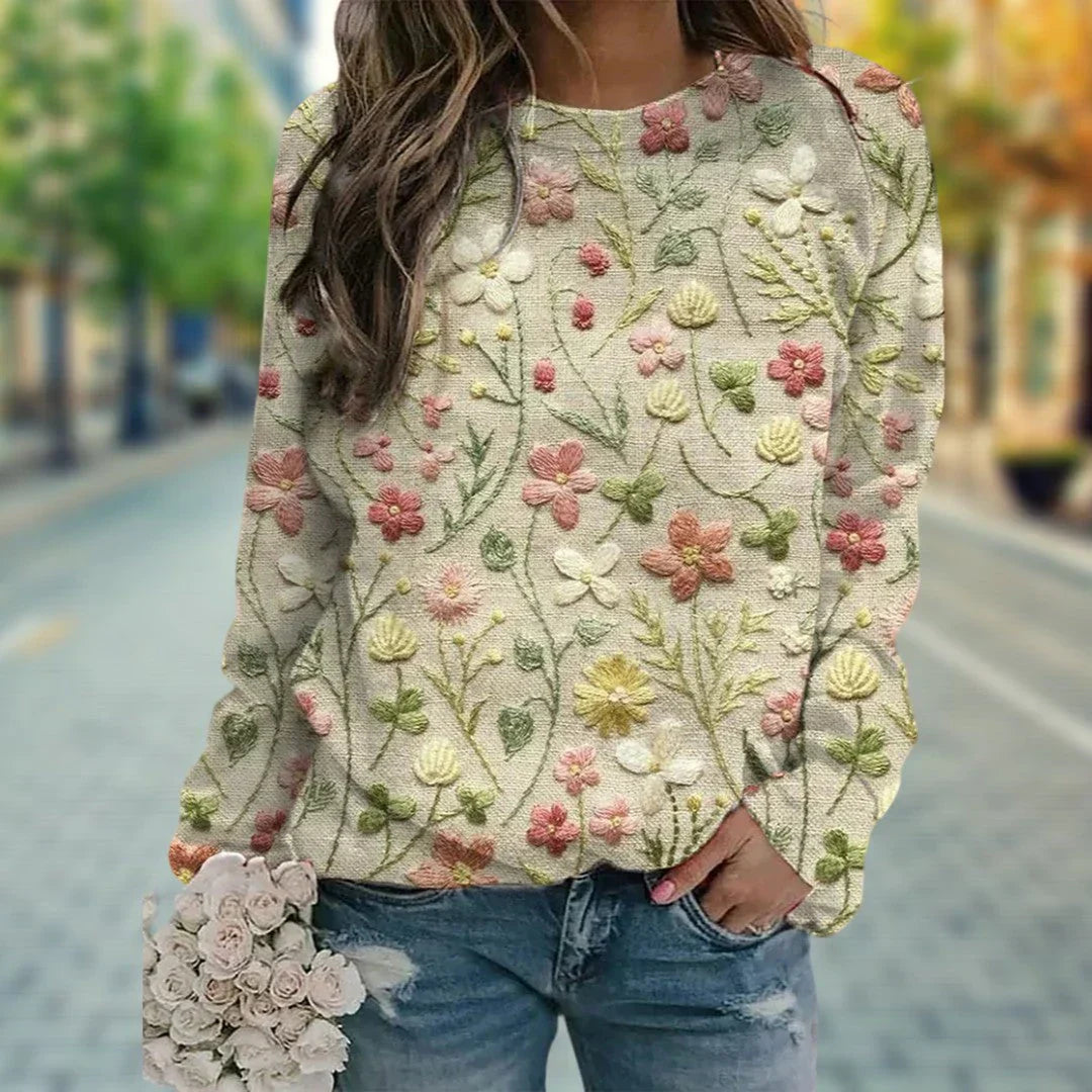 SUNA Dame Sweater – Varm Striktrøje med Blomsterbroderi og Løs Pasform Beige