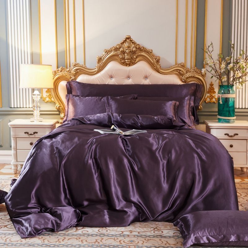 Luksuriøs sæt (4 dele) af silk dynebetræk 2x pudebetræk - lagen Bedding SUNA Lilla 150 cm dynebetræk + dynebetræk 200x 230 cm + 2x pudebetræk