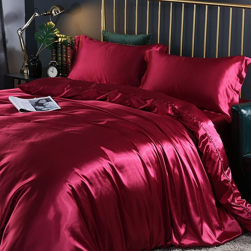 Luksuriøs sæt (4 dele) af silk dynebetræk 2x pudebetræk - lagen Bedding SUNA Rød 150 cm dynebetræk + dynebetræk 200x 230 cm + 2x pudebetræk