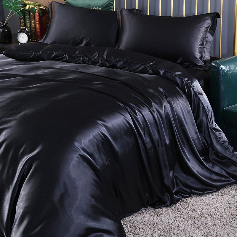 Luksuriøs sæt (4 dele) af silk dynebetræk 2x pudebetræk - lagen Bedding SUNA Sort 150 cm dynebetræk + dynebetræk 200x 230 cm + 2x pudebetræk