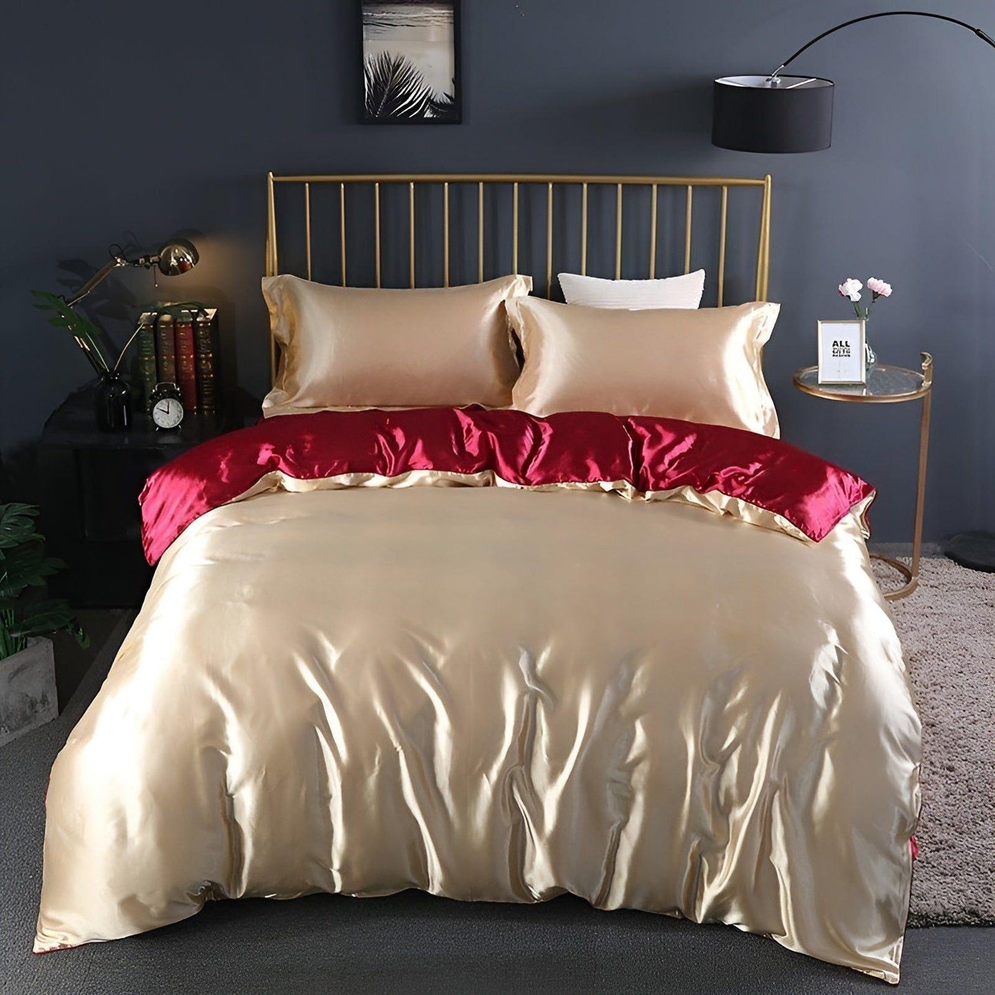 Luksuriøst Satin Sengetøj Sæt – 1 Flad Lagen, 1 Sengetæppe, 2 Pudevar til Elegant Søvn og Kølende Komfort Bedding SUNA Fersken 120x200cm 4-delt sæt Udstyret