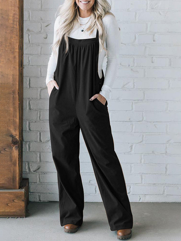 SUNA Dame Overalls Beige Størrelse M Corduroy Løs Pasform med Justerbare Skulderstropper Sort