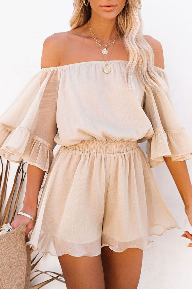 SUNA Off-the-Shoulder Flare Sleeve Jumpsuit – Elegant og Komfortabel – Jumpsuit til Kvinder, Flare Ærmer, Off-the-Shoulder Abrikos