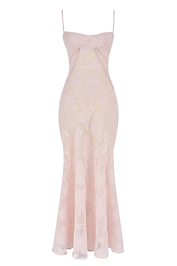 SUNA Fortryllet Maxi Kjole – Romantisk Vintage Stil – Blomsterdesign, Korsettsnøring, Lyserødt Lamé, Indbygget BH