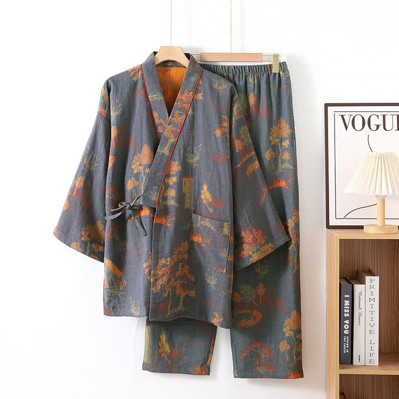 Neutral Landskab Kimono Bomulds Pyjamas Sæt til Komfort Loungewear SUNA Grå Blå M