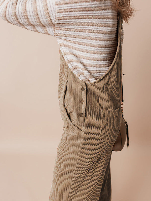 SUNA Dame Overalls Beige Størrelse M Corduroy Løs Pasform med Justerbare Skulderstropper