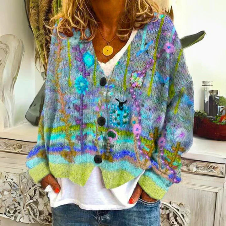 SUNA Dame Trøje – Mønstret Cardigan med Blomsterprint og Knaplukning Ocean