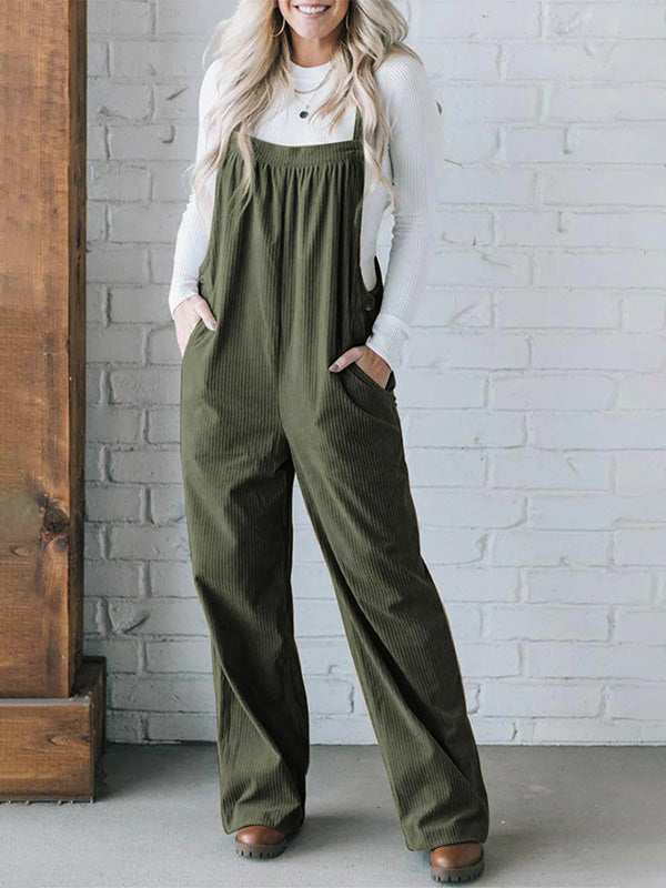 SUNA Dame Overalls Beige Størrelse M Corduroy Løs Pasform med Justerbare Skulderstropper Oliven