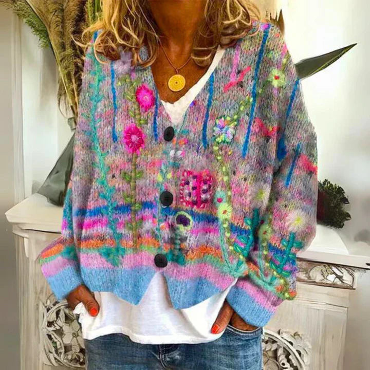 SUNA Dame Trøje – Mønstret Cardigan med Blomsterprint og Knaplukning Blå