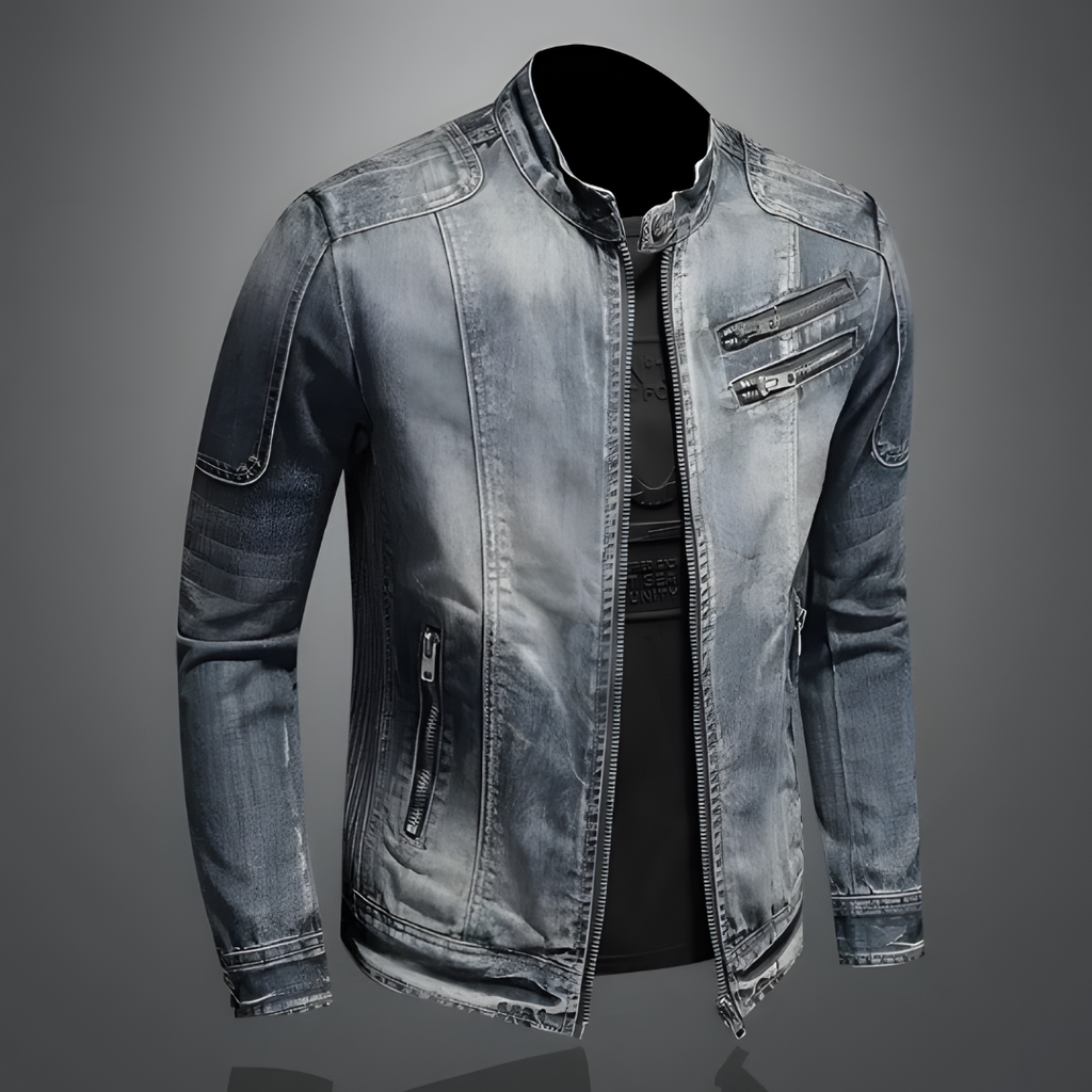 SUNA Herre Denim Jakke – Slim Fit Med Lynlås Detaljer - Stilfuld Denim Jakke Med Holdbar Syning 3XL