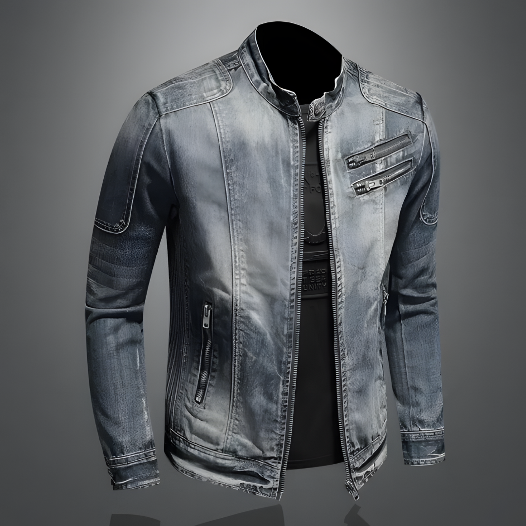 SUNA Herre Denim Jakke – Slim Fit Med Lynlås Detaljer - Stilfuld Denim Jakke Med Holdbar Syning 3XL