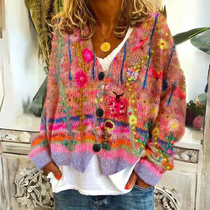 SUNA Dame Trøje – Mønstret Cardigan med Blomsterprint og Knaplukning Feed