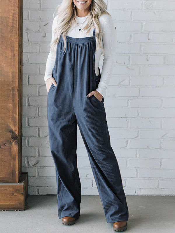 SUNA Dame Overalls Beige Størrelse M Corduroy Løs Pasform med Justerbare Skulderstropper Blå