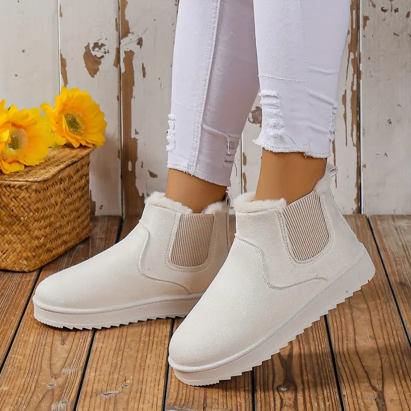 SUNA Dame Slip-On Støvler – Casual Støvler med Varm Foring og Elastiske Paneler Beige