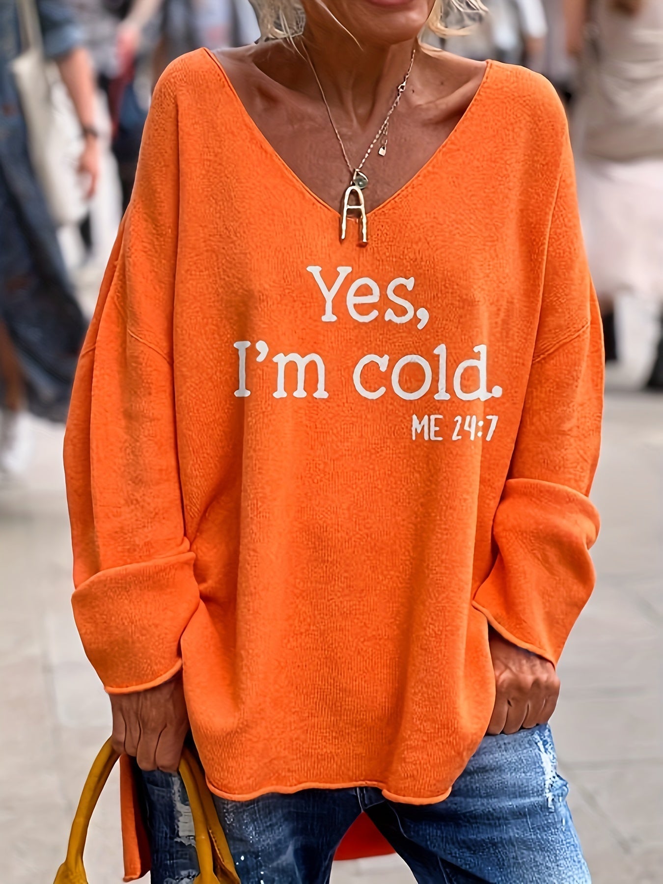 SUNA Dame Sweater – Oversized Trøje med V-Hals i Plusstørrelse Orange-Rød
