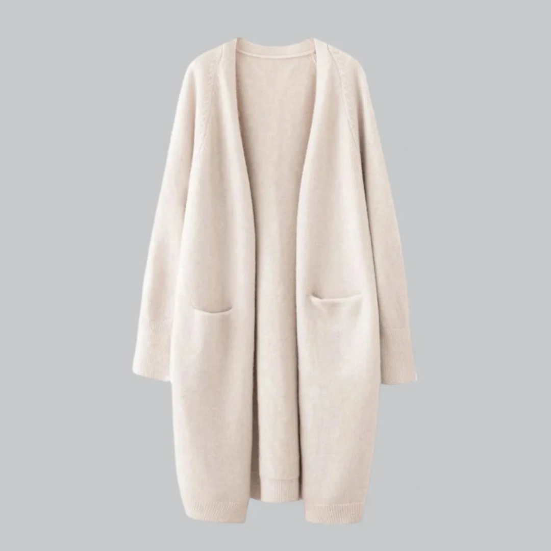 SUNA Dame Strikjakke – Lang Åben Cardigan med Løs Pasform til Arbejde Khaki One size