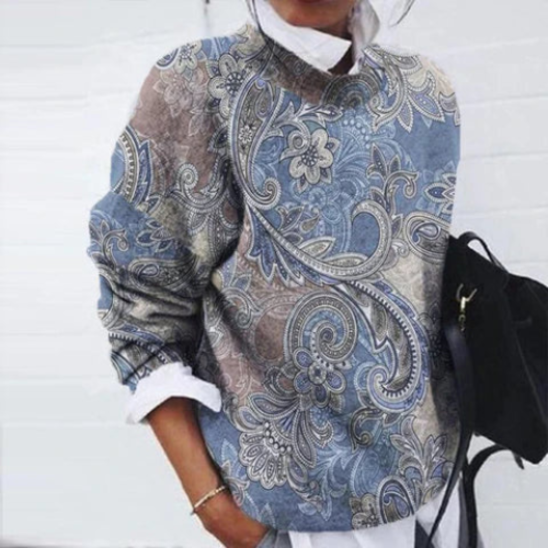 SUNA Dame Pullover – Varm Trøje med Blomsterprint til Kølige Hverdage Blå