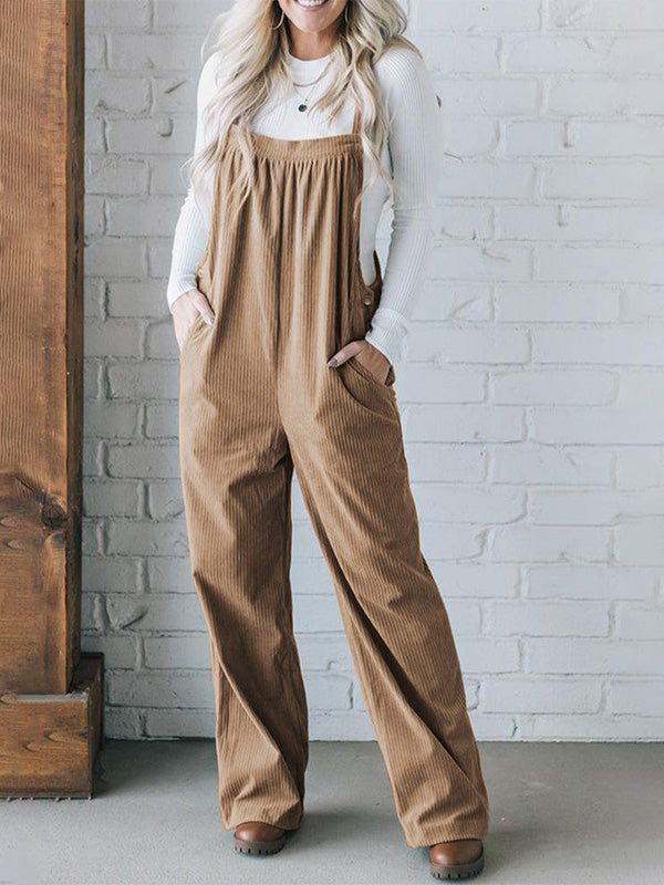 SUNA Dame Overalls Beige Størrelse M Corduroy Løs Pasform med Justerbare Skulderstropper Khaki