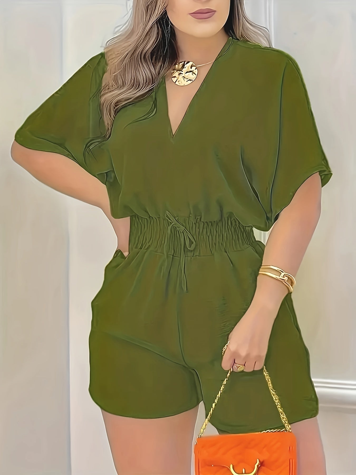 SUNA V-Hals Kortærmet Romper – Flatterende Rynket Talje - Chic Jumpsuit til Forår Sommer Kvindemode Elegant Stil Havgrøn