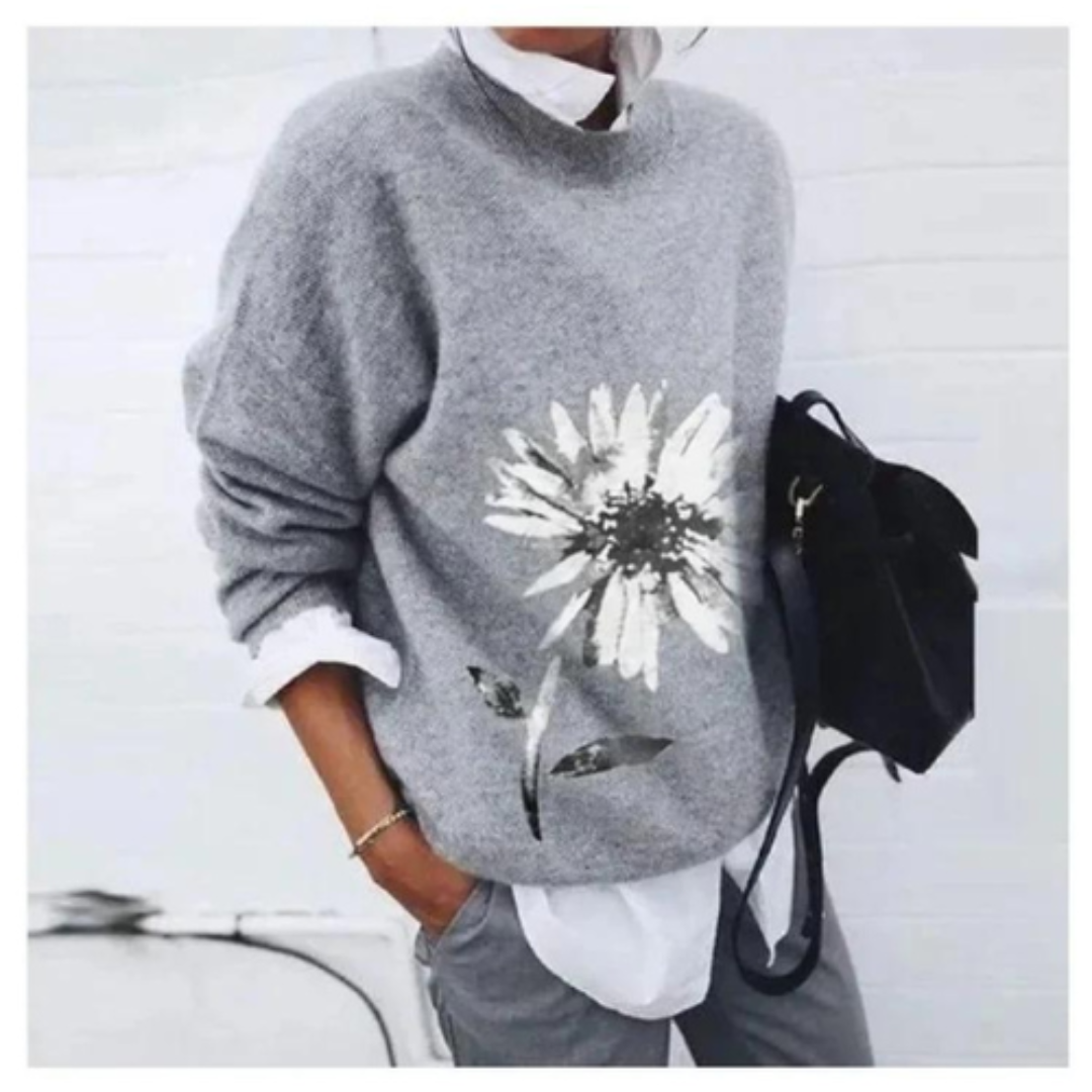 SUNA Dame Pullover – Varm Trøje med Blomsterprint til Kølige Hverdage Grå