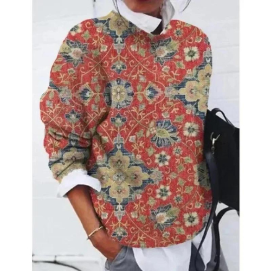 SUNA Dame Pullover – Varm Trøje med Blomsterprint til Kølige Hverdage Rød
