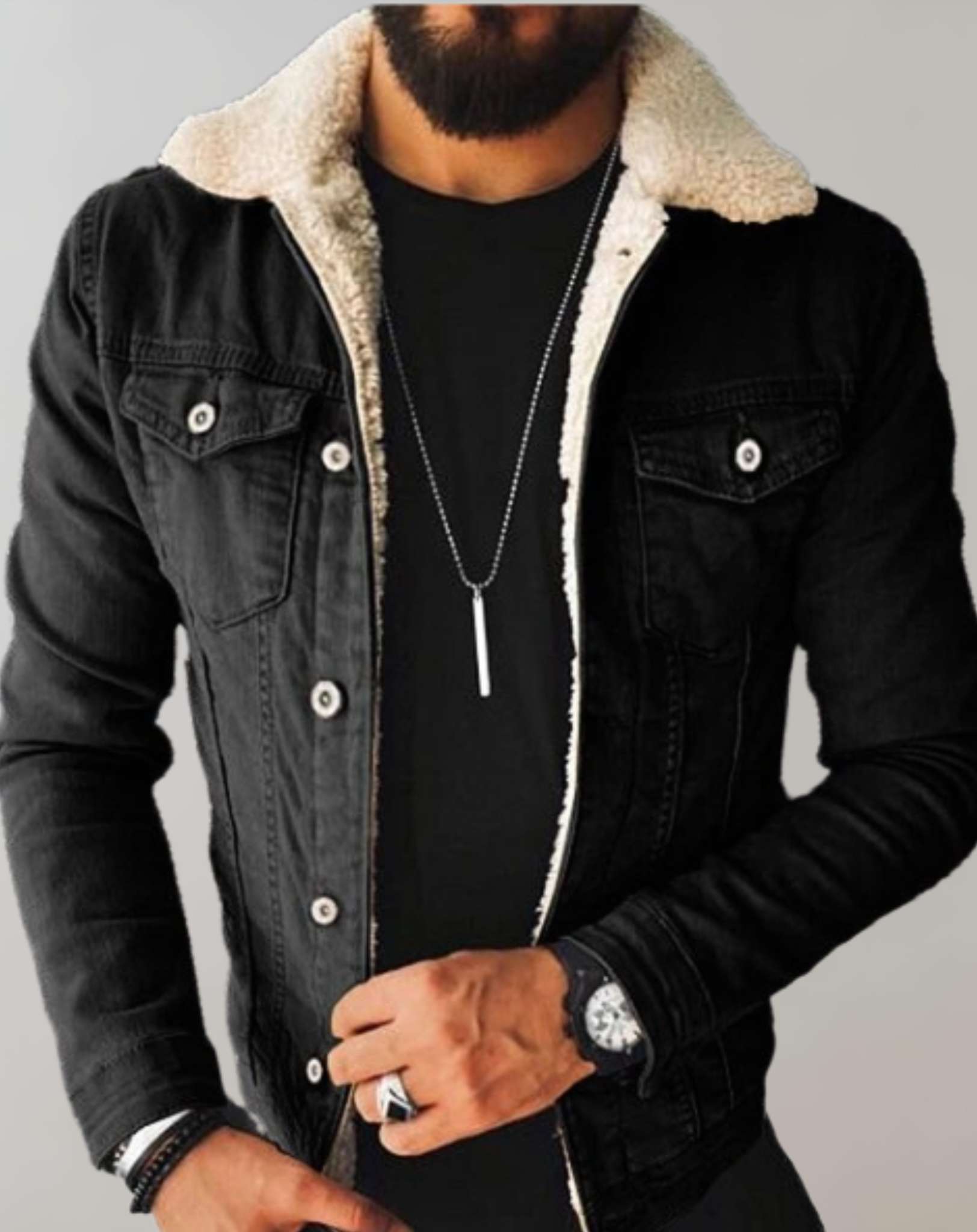 SUNA Herre Denim Jakke – Fleece Foder Til Komfort – Casual Stil, Regular Fit, Varm Jakke til Køligere Vejr Sort