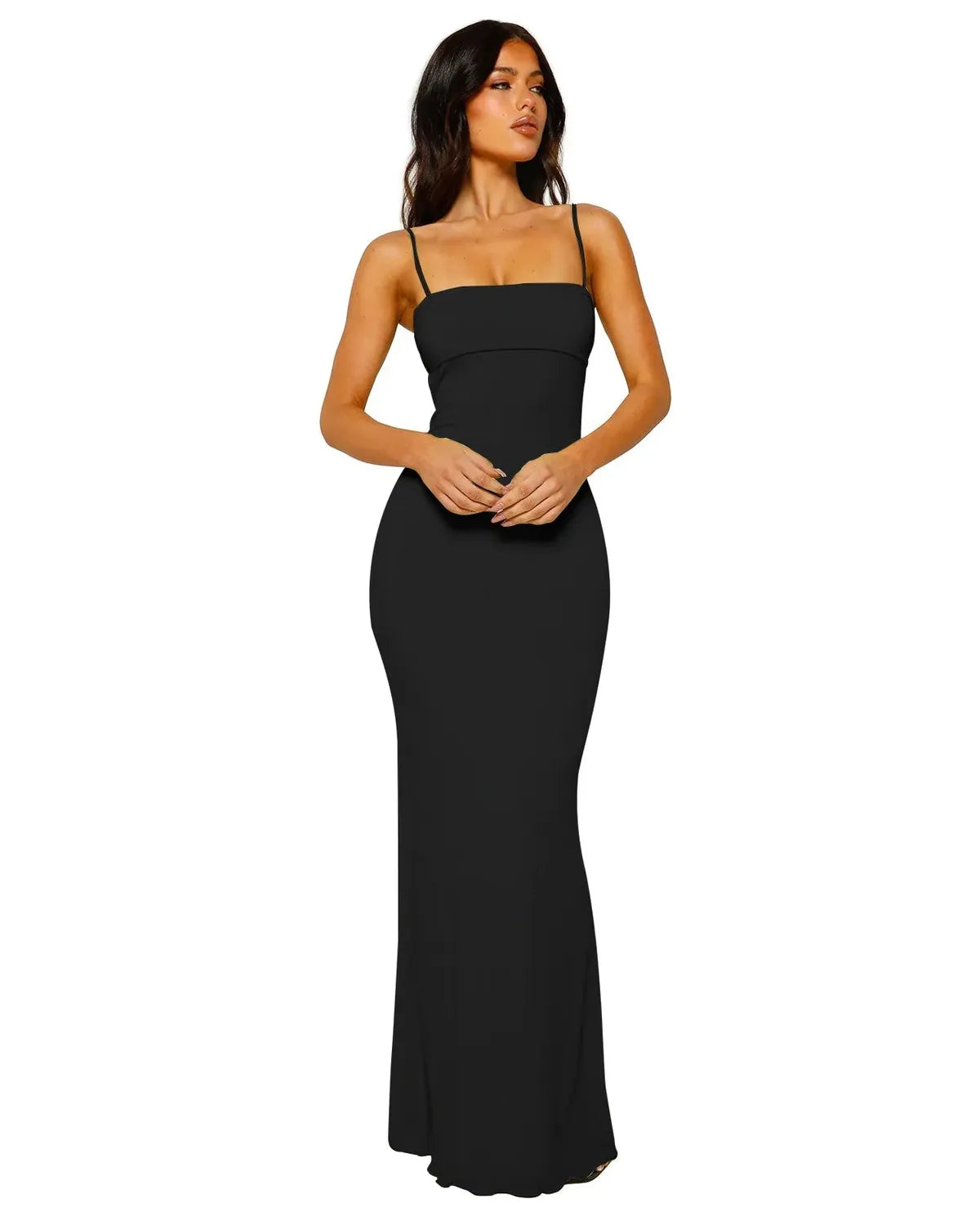 SUNA Bodycon Maxikjole – Rygløs Design - Sommerfester Aften Sort