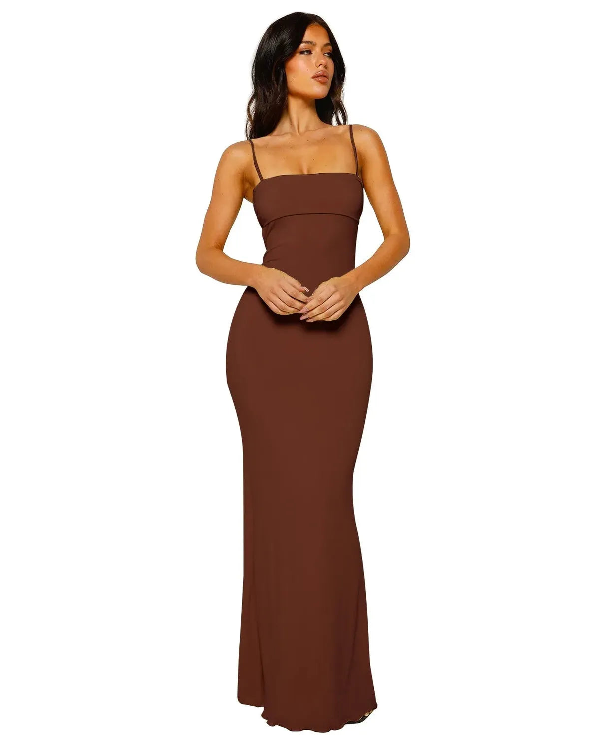 SUNA Bodycon Maxikjole – Rygløs Design - Sommerfester Aften Brun