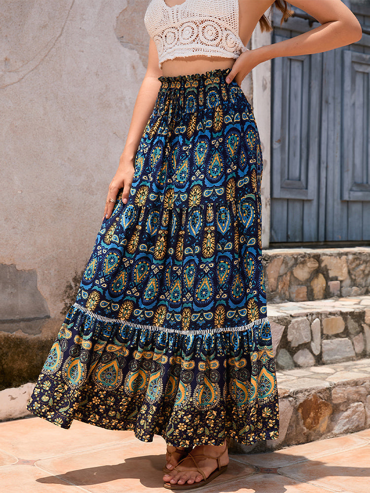 SUNA Nederdel Boheme Patchwork Print Elastisk Talje Høj Talje Marineblå