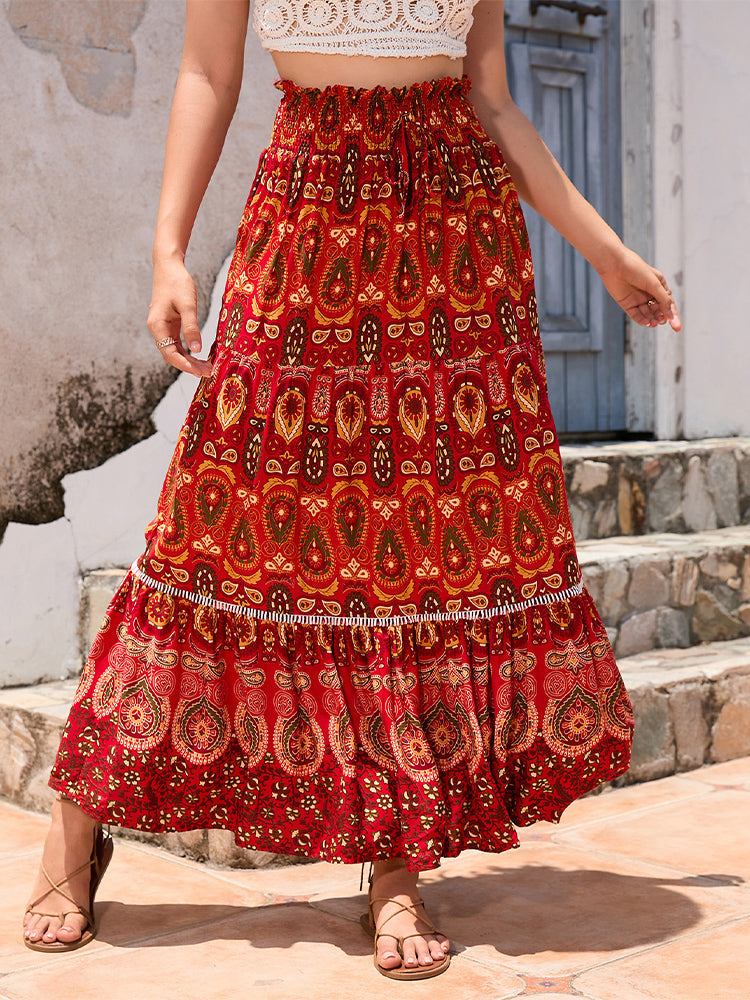 SUNA Nederdel Boheme Patchwork Print Elastisk Talje Høj Talje Rød