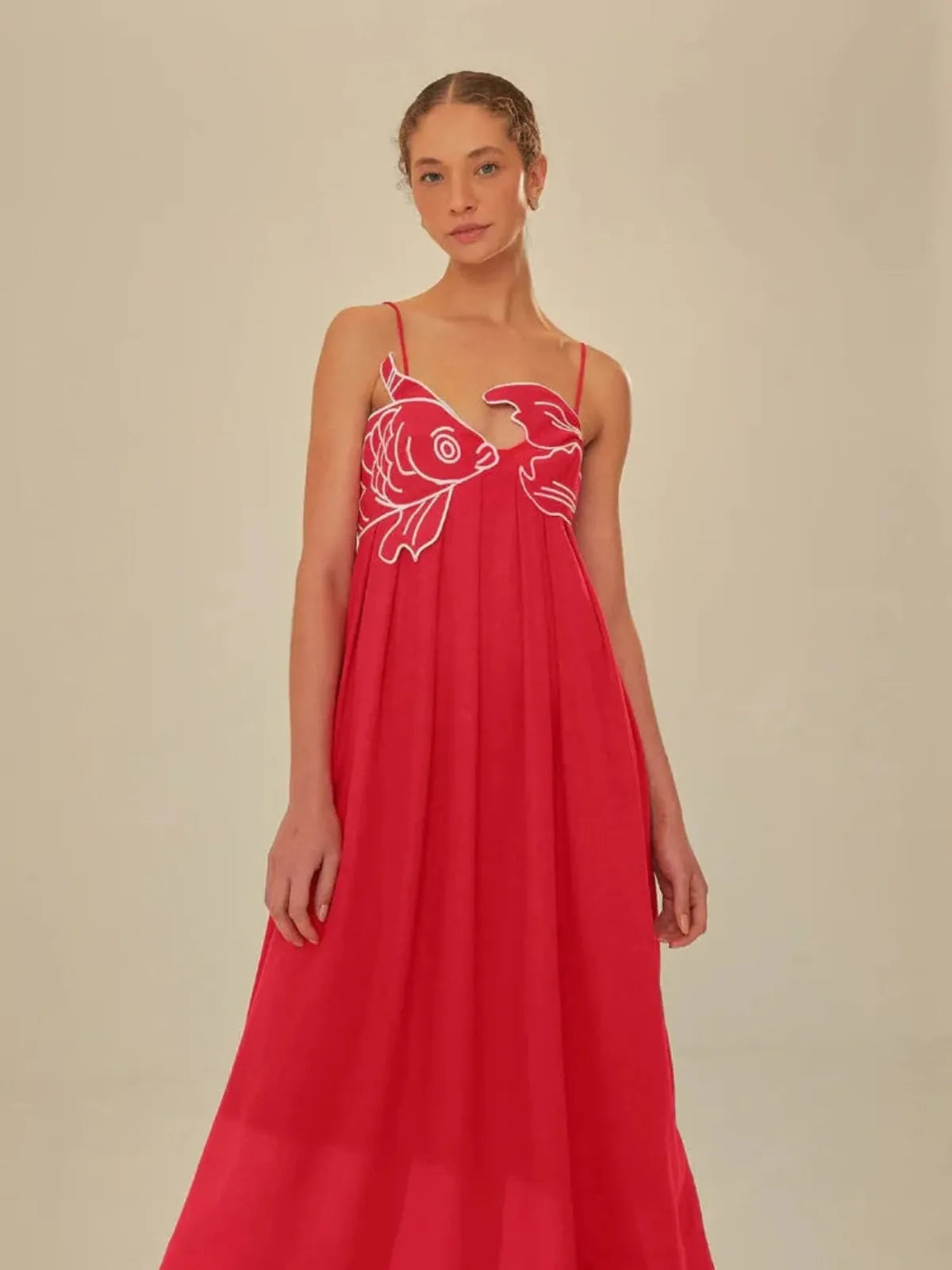 SUNA Broderet Fisk Semi Transparent Cami Maxi Kjole-Luftig-Sommer