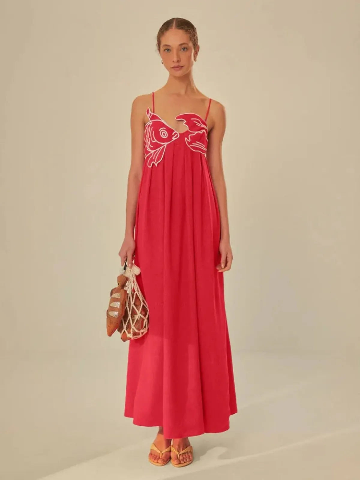 SUNA Broderet Fisk Semi Transparent Cami Maxi Kjole-Luftig-Sommer Rød