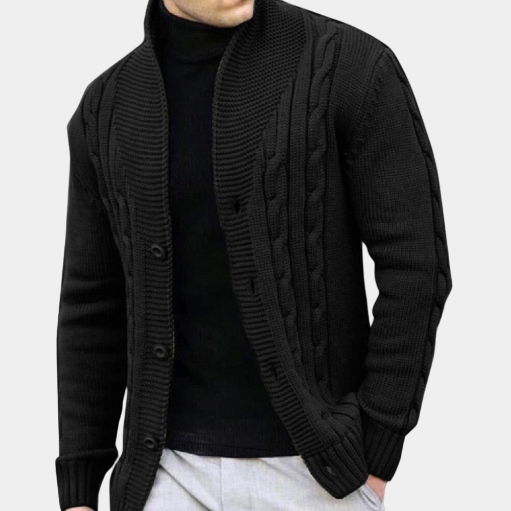 SUNA Herre Cardigan – Casual Strikket Sweater i Engelsk Stil med Stribet Design Sort