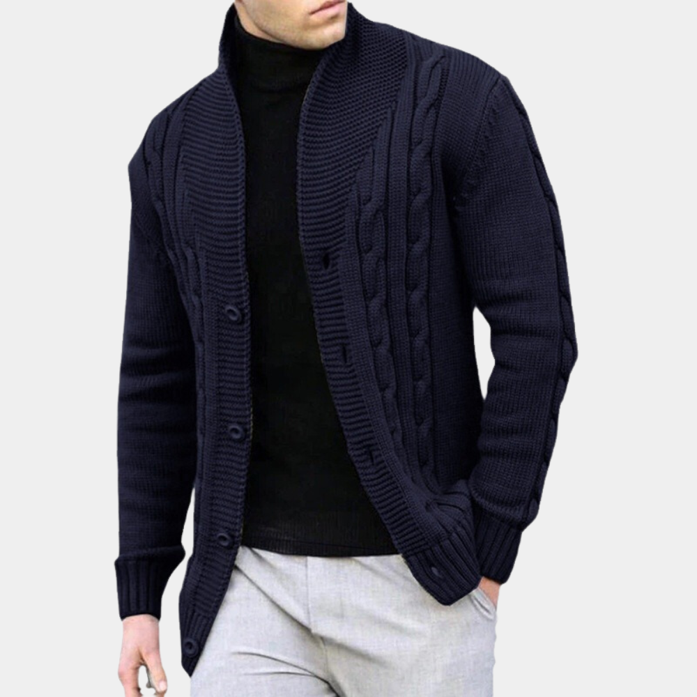 SUNA Herre Cardigan – Casual Strikket Sweater i Engelsk Stil med Stribet Design Mørkeblå
