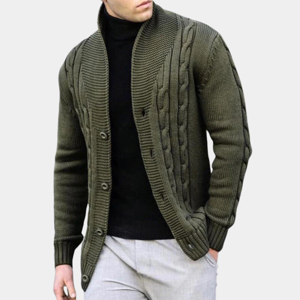 SUNA Herre Cardigan – Casual Strikket Sweater i Engelsk Stil med Stribet Design Militærgrøn