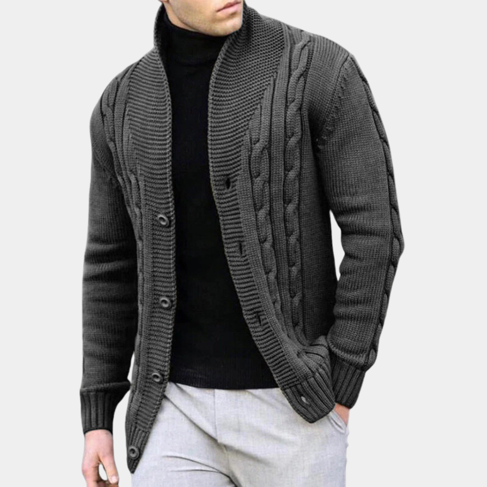 SUNA Herre Cardigan – Casual Strikket Sweater i Engelsk Stil med Stribet Design Mørkegrå