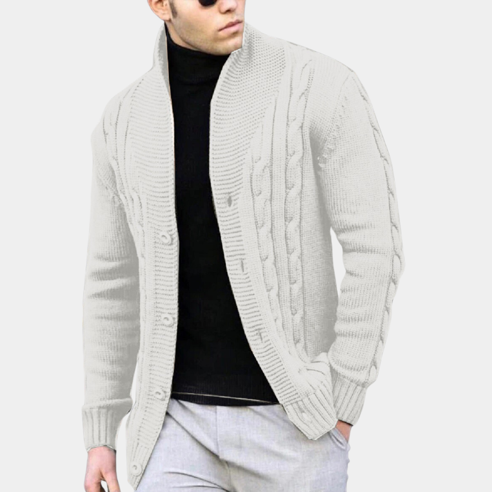 SUNA Herre Cardigan – Casual Strikket Sweater i Engelsk Stil med Stribet Design Hvid