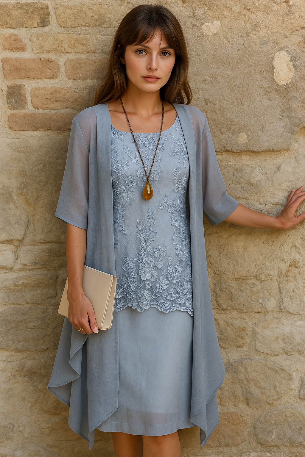 SUNA Elegant To-delt Chiffon Kjole Himmelblå