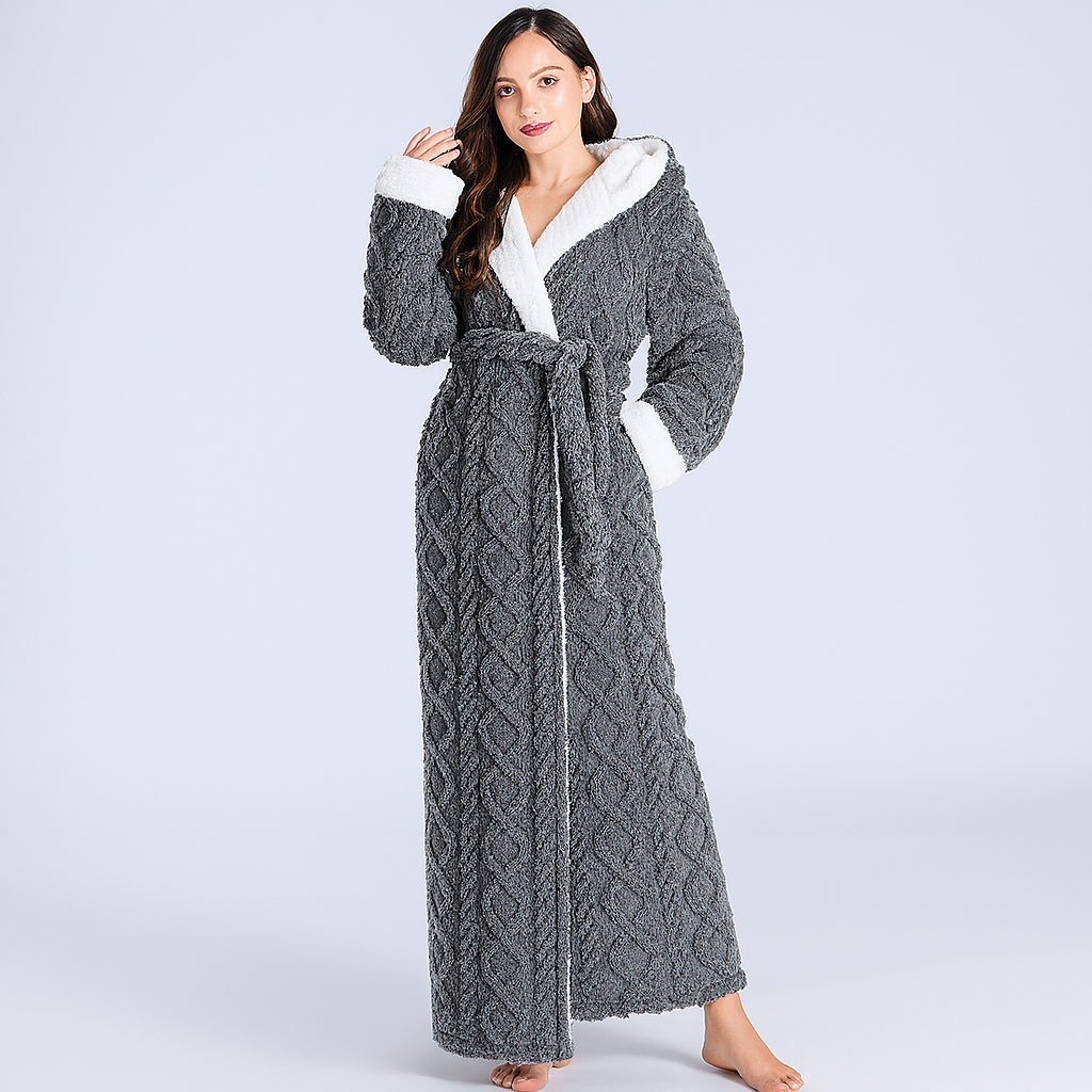 SUNA Venice Dame Morgenkåbe - Tyk flannel og fleece med hætte Grå