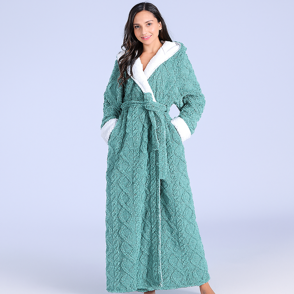 SUNA Venice Dame Morgenkåbe - Tyk flannel og fleece med hætte Grøn