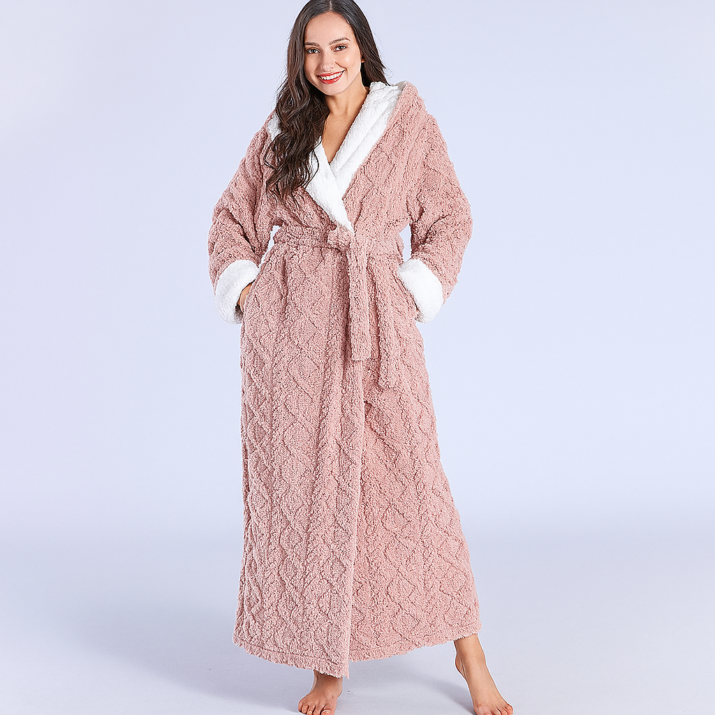 SUNA Venice Dame Morgenkåbe - Tyk flannel og fleece med hætte Lyserød