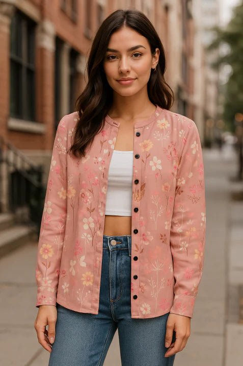 SUNA Dame Strikjakke – Mønstret Cardigan med Blomsterprint og Rund Hals Rosa