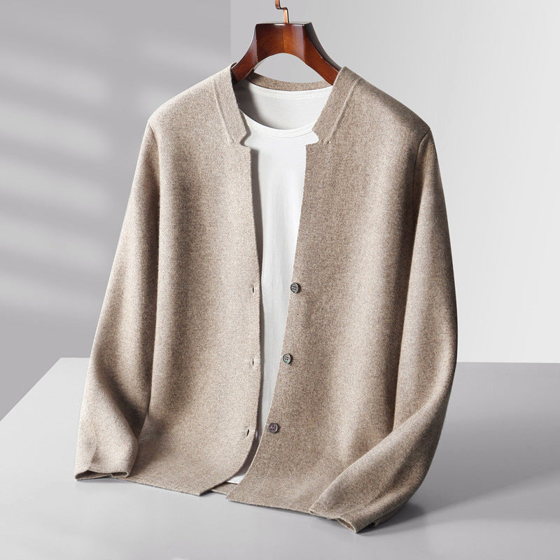 SUNA Herre Cardigan – Knap-Op Stribet Strikket Trøje til Klassisk Hverdagslook Beige